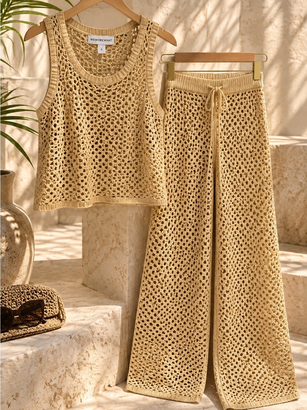 WeWoreWhat Pale Gold Crochet Tank & Wide Leg Pants Set Size S